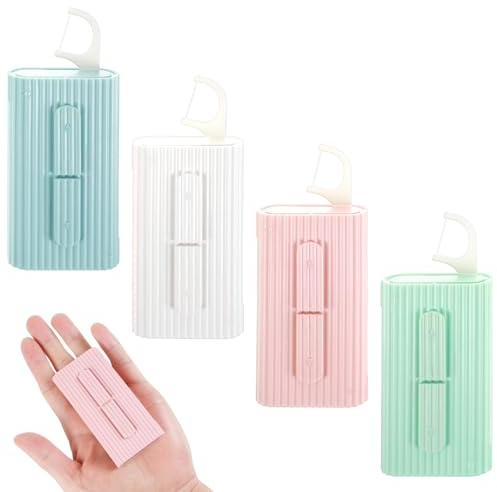 PEOVLVN 4 Pcs Floss Pick Holder, Refillable Travel Dental Floss Picks Organizer with 10 Picks Portable Case for Family Hotel Travel Oral Care Teeth Cleaning Tool (White, Green, Pink, Blue)