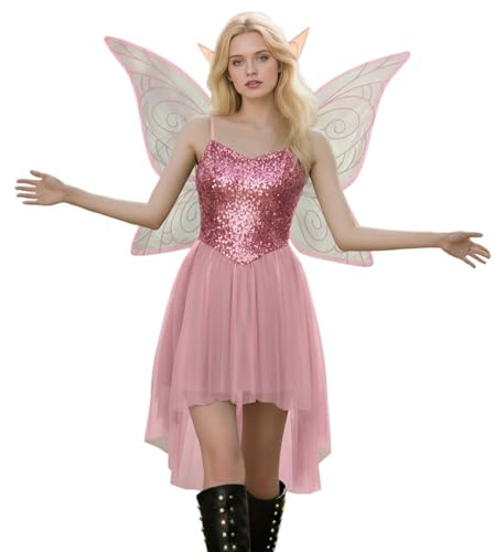 Feen KostüM Damen Feekleid GrüN MäRchen Pailletten Elfenkleid Mit FlüGeln Waldfee Prinzessin Kleid FeenkostüM Set FüR Erwachsene Cosplay Halloween Karneval FaschingskostüMe