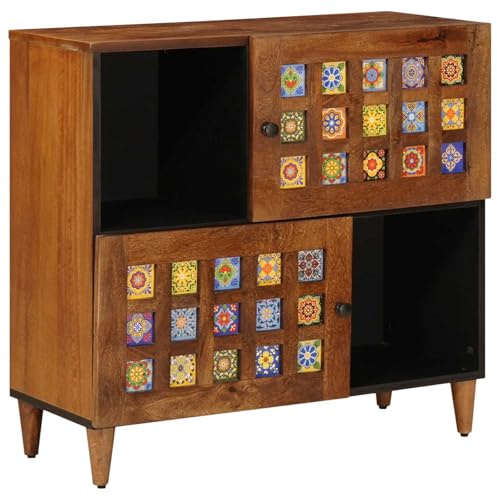 Hoopleep Buffet avec espace de rangement en noyer 80 x 33 x 75 cm, bois massif mangue, 2 portes à charnière, durable, pour salle à manger et salon, design moderne