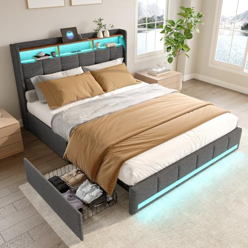 Letto Contenitore 180x200, Letto Matrimoniale con Luci LED e Porte USB + Type-C, 4 Cassetti, Testiera Imbottita in Lino con Doghe, Grigio – Senza Materasso