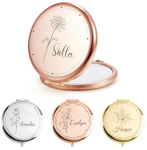 XSTZR Personalisierter Taschenspiegel mit Namen oder Monogramm, kompakter Reise-Handspiegel für Damen, Gastgeschenk zur Bridal Shower & Geschenk für Brautjungfern (Geburtstagsblumen)