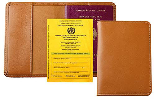 DELMON VARONE - Personalisierbare Reisepasshülle aus Premium Boxcalf Leder Braun - Lederhülle Etui für Reisepass, Ausweis & Impfpass - Passport Holder - Impfausweis Organizer für die ganze Familie