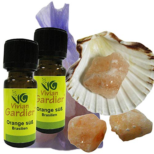 Orange süß ätherisches Öl naturrein 2 x 10ml aus kontrolliertem Anbau. 7 teiliges Aromatherapie Duft Set mit Muschel + 3 Salz Kristalle zum Beduften + Säckchen. 50001