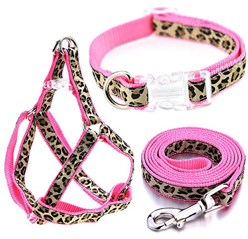Mile High Life Leopard Dog Harness Collar Leash Set, Adjustable No Pull Dog Halter Harness for Small Breed Dogs, Easy Control for Training Walking (Pink, S Chest 11-18, Neck 10-14)