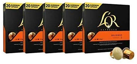 L'OR Café Espresso Delizioso Intensité 5 - Capsules de café en aluminium compatibles avec Nespresso® * - 5 paquets de 20 capsules (100 boissons)