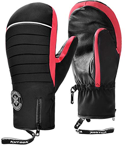 KUTOOK Guantes Manoplas Esquí Invierno De Piel Cuero con 3M Thinsulate, Guantes Snowboard Hombre con Membrana Impermeable De TPU, Guantes De Nieve Guantes Ski(Negro,M)
