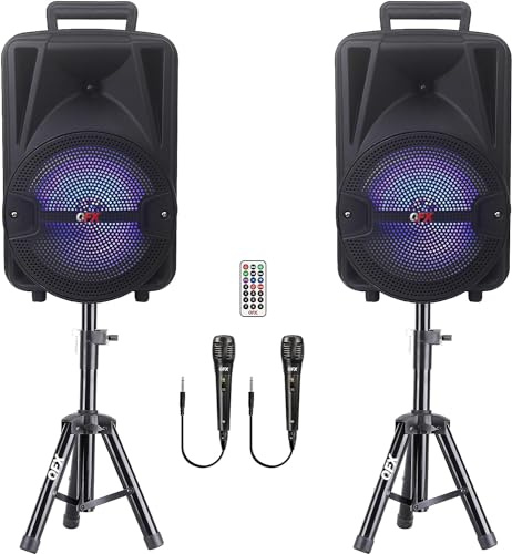 QFX PBX-800TWS 8-Inch TWS Bluetooth Stereo PA System with 2 8 Speakers, 2 Microphones, 2 Stands, and a Remote Control