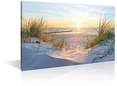 TISHIRON Wall Art Sandy Beach Sunrise Pictures Painting on Canvas Wall Art Modern Framed Seaside Canvas Prints Ready To Hang(12X8in)