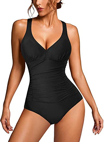 KUMAYES Damen Badeanzug Monokini Bauchweg Schlankheits Badeanzug V Ausschnitt Badebekleidung Bauchweg Bademode Swimsuit (XL, Schwarz)