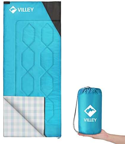 VILLEY Camping Sleeping Bag, Lightweight Backpacking Sleeping Bag with Carrying Bag for Adults & Kids, Outdoor Camping Hiking Equipment for 3 Season Warm & Cool Weather - Summer, Spring, Fall (Blue)