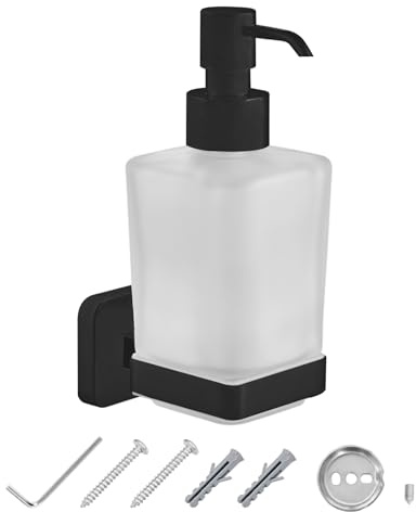 JASSFERRY Black Wall Mounted Soap Dispenser and Square Holder Frosted Glass Lotion Dispenser Set