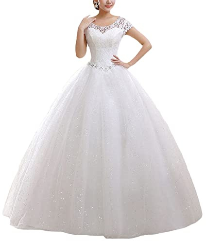 YOUCAI Donna Abito da Sposa Pizzo Elegante Vestiti da Matrimonio Lunghi con Appliques Stile Impero Linea ad A Abiti da Sera,Bianco,EU44
