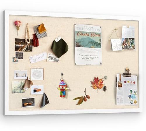 Miratino Große Pinnwand, 76,2 x 50,8 cm, mit Leinenkork-Tafeln, Wanddekoration, Hängestift, Holzrahmen, Display, Pinnwand, Kork, Foto, Bildtafel, Licht für Zimmer, Schule, Büro, 20 Pushpins, Vintage,