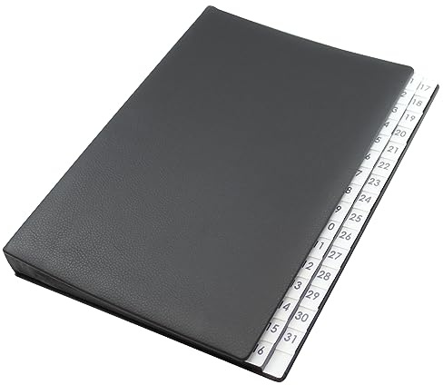 Pultordner mit Register 1-31, genarbtes Vollrindleder in Schwarz, passend für DIN A4, Softcover mit dehnbarem Rücken, Register-Trennblätter aus schwarzer Kartonage mit Sichtlöchern