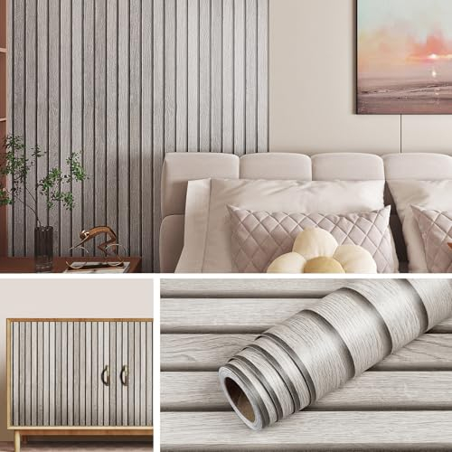Livelynine Self-adhesive 3D Grey Wood Planks Wallpaper 40cm x 10m for Living Room and Furniture Cabinets