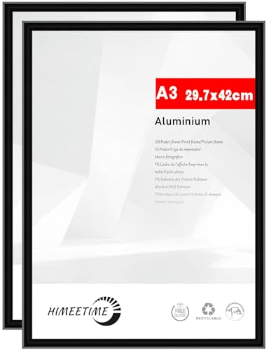 HIMEETIME® 2x Bilderrahmen A3 30x42 cm Schwarz Metall Rahmen,Dokumentenrahmen 29,7x42 cm Groß Collage,Metallrahmen Alu-Bilderrahmen Aluminium,Picture Frame A3 Fotorahmen