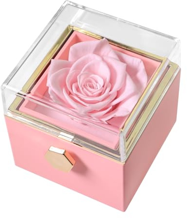 Preserved Pink Rose Jewellery Box with Hidden Drawer – Eternal Rose Gift with Rotating Button – Necklace & Earring Holder in Elegant Gift Packaging for Anniversary, Valentine’s, Birthday JR5224