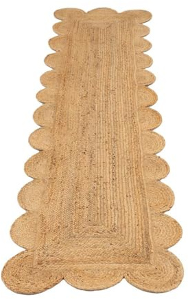 Scalloped Jute Rug Natural Beige Rustic Curved Scandi Bohemian Rug Eco-Friendly Durable Handwoven Rugs for Living Room Mat, Hallway Runner Rugs 60cm x 240cm