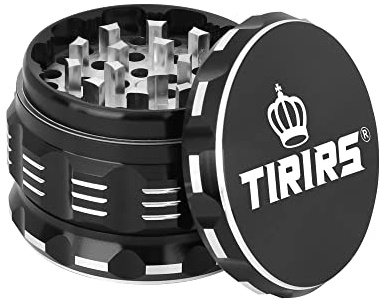TIRIRS 2.5 Inches 4 Pieces Premium Herb Grinder - Aluminium Large Spice Grinder with Pollen Catcher, Comes with Pollen Scraper and Cleaning Brush, Black