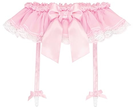 Satini Con volant Pizzo Femminuccia Chiffon trasparente Giarrettiera Reggicalze cintura Lingerie Mutandoni (Rosa pastello, L)
