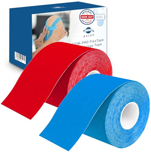 axion® Set de 2 Kinesiotape rojo y azul. DERMATEST: MUY BUENO | Producto sanitario certificado | Cintas kinesiológicas elásticas | Rollos sin cortes y resistentes al agua