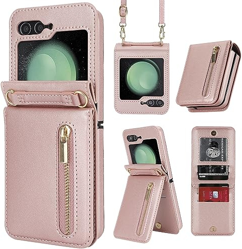 ZHOZEXIN Compatible con Samsung Galaxy Z Flip 5 Soporte Elegante Funda Protectora Plegable de Piel, Cartera con Cremallera, Ranura para Tarjetas, Bolsillo para Dinero, Funda para Teléfono Móvil con