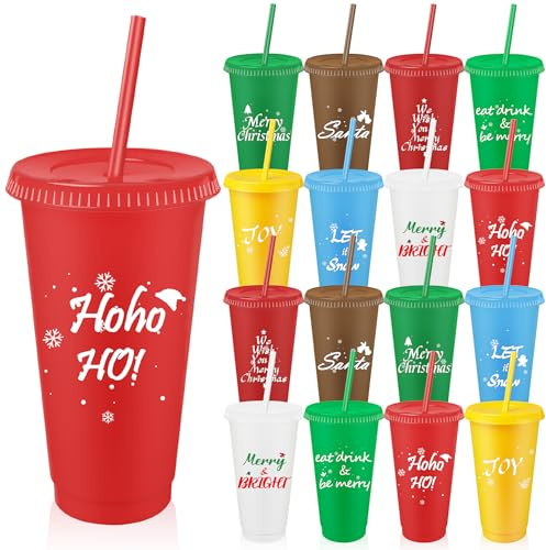 LYCN Paquete de 16 vasos de plástico de Navidad con tapas y popotes, 700 ml, vasos fríos para fiestas de Navidad, vasos coloridos reutilizables para regalos de cumpleaños de Navidad (8 colores)