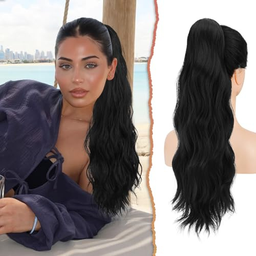 Sofeiyan Pferdeschwanz Haarteil Mit Kordelzug, 56 cm Lang Gewellt Zopf Haarverlängerung Synthetik Natürliches Kordelzug Verlängerung für Frauen, Schwarz