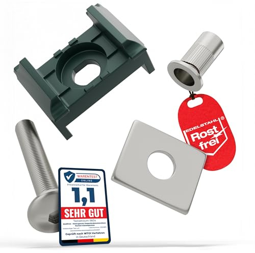 Qualinos 10x hochwertige Doppelstabmattenzaun Befestigung: Klemmplatte, Schraube, Nietmutter aus V2A und UV- stabilisierter Klemmbock, Farbe Grün 6005. Klemmlasche und Zaunhalter Made in Germany