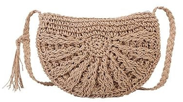 HESHUYAN Strohtasche Halbrunde Strohtasche for Frauen Sommer Strand Rattan Schultertasche Reißverschluss gewebt Halbmond Crossbody Handtaschen Urlaub Runde Strohtasche(Khaki)