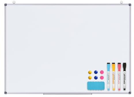 simpa Magnetic Dry Wipe Whiteboard with Silver Aluminium Frame and Pen Tray, 4PC Dry Wipe Pens, 6PC Magnets & White Board Eraser - 90cm (W) x 60cm (H)