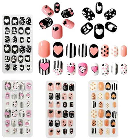 96 Pieces Kids Fake Nails with Nail Glue, Pre-glue Full Cover Short False Nails Lovely, Ready to Wear Press-On Gel Nails for Children girl (Pink,Black, One Size)