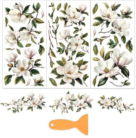 OLYCRAFT 3 Stück/Set Magnolien Transferfolien Zum Aufreiben Für Möbel Und Kunsthandwerk 15x30cm Florale Möbelaufkleber Blumen Transferaufkleber Abziehbilder Zum Aufreiben Mit 1 Teiligem Schaber