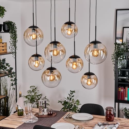 HOFSTEIN Hängeleuchte Gastor, 8-flammige Hängelampe aus Metall/Glas in Schwarz/Bernstein/Klar, moderne Pendelleuchte im Retro/Vintage-Design (Schirme Ø 20; 25 cm), E27, Esszimmer, Küche, Wohnzimmer