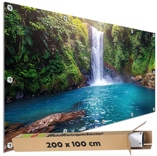 TRIOSK Sichtschutz Balkon Deko Plane Balkonblende Blickdicht mit Motiv Wasserfall Costa Rica Natur für Garten Terrasse Gartenzaun Balkonverkleidung Blickschutz PVC groß 200x100 cm