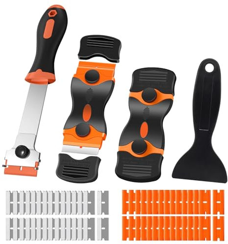 Wdmxszdq 4 Pcs Glass Scraper with 30 Metal Blades and 30 Plastic Blades, Ceramic Hob Scraper, for Windows, Stoves, Ovens, Stickers, Cleaning Tools (Orange and Black)