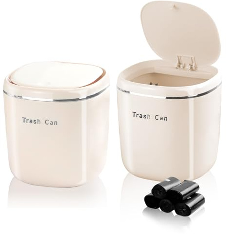 2 Stück kleiner Mülleimer mit Deckel, Desktop Mülleimer mit 5 Rollen Müllsäcke, Teebeutel, Arbeitsplatz Mülleimers für Badezimmer Schlafzimmer Büro Küche Schreibtisch Couchtisch