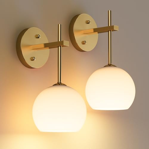 LABOREDUCER Rechargeable Wall Lights, 2 Pack, 12 RGB & Dimmable, Gold | 3 Color Temperature, 3 Modes, Frosted Glass Battery Operated Wall Lamp, Wireless Wall Sconces for Living Room Bedroom