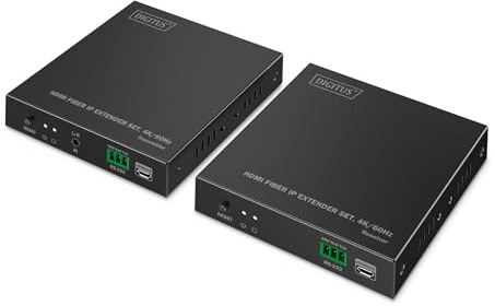 DIGITUS HDMI Fiber IP Extender Set – UHD 4k 60Hz – HDMI 2.0 – Portée MM 300 m et SM 40 km – Émetteur et récepteur – Point à point – Noir