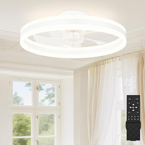 SUNKENET Deckenventilatoren mit Beleuchtung, 40cm Lampe mit Ventilator, 3000K-6500K Dimmbare LED Deckenventilator mit Licht, Deckenventilatorlampe für Schlafzimmer,6-Gang,Timer,Leise, Weiß