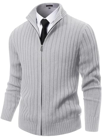 NITAGUT Mens Cardigans Sweaters Stand Collar Casual Long Sleeve Knitted Soft Slim Fit Classic Striped Zip Sweater(Grey,L)