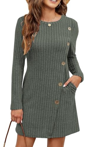 Koerye Donna Maniche Lunghe Vestiti Scollo Rotondo Linea ad A Midi Abito | Invernale Casual Abito in Maglia a Coste Elegante Maglione Pullover Svasato Midi Abito