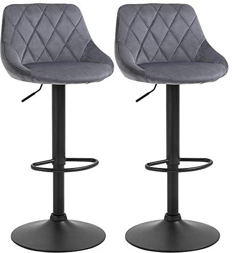 HOMCOM Barhocker 2er-Set Höhenverstellbar mit Rückenlehne, Dunkelgrau | Drehbar, Samtoptik, Diamant-Tufting, Fußstütze, Barstühle, Tresenhocker, Stahl, für Bar, Theke, Esszimmer