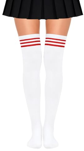 HUKUMA Overknees Strümpfe Damen, Rot Gestreift Kniestrümpfe, Oberschenkelhohe Socken Damen