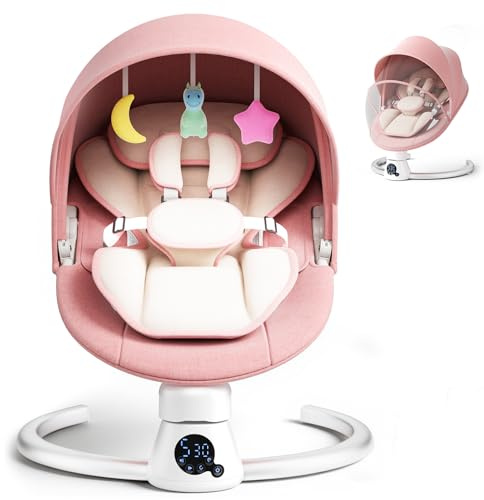 Electric Baby Swing with Remote & APP Control, 5 Swing Speeds, 3 Timers, 11 Music Built-in, Baby Bouncer with 5-Point Harness, Removable Canopy, 2 Positions Adjustable Backrest, 2 Power Options-Pink