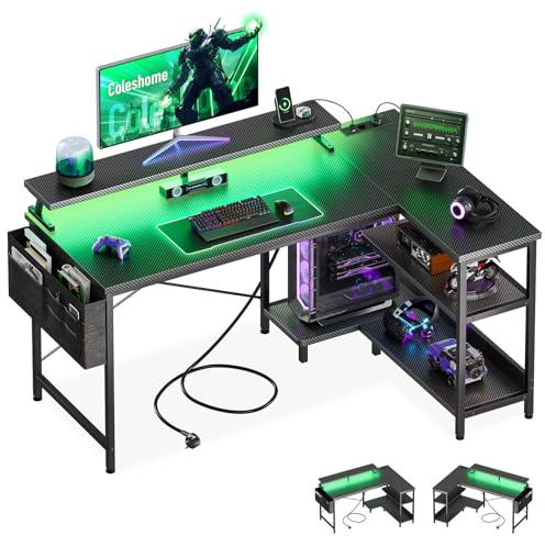 Coleshome Escritorio Gaming con LED, 120x80cm, Fibra Carbono Negro