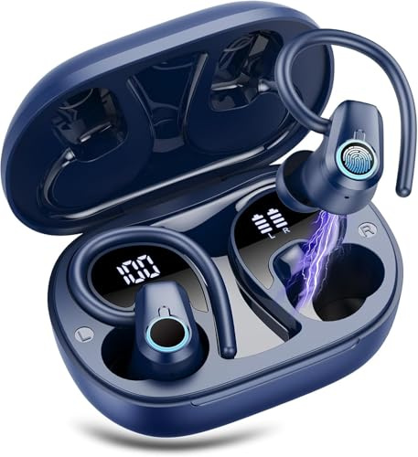 Wireless Earbuds, Bluetooth 5.3 Headphones with 4 ENC Noise Canceling Mic, 50H Stereo Dual LED Display Ear Buds, Sport Wireless Earphones with Earhooks, IP7 Waterproof Wireless Headphones Gym, Blue