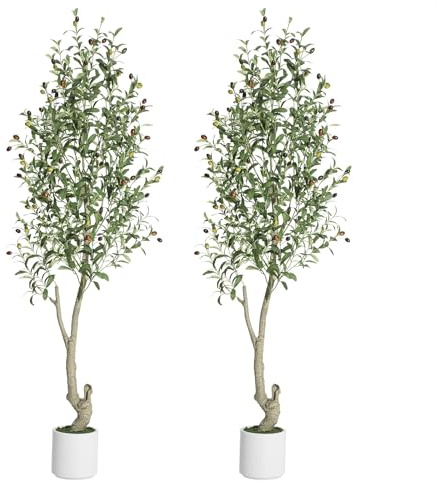 Lot de 2 210cm Grande Olivier Artificielle Réalistes,Fausse Plante Interieur avec Pot,Fruits Réaliste,épaisse Tronc,Mousse,sans Entretien,Plante Verte Artificielle décorative pour Salon,Bureau,Balcon