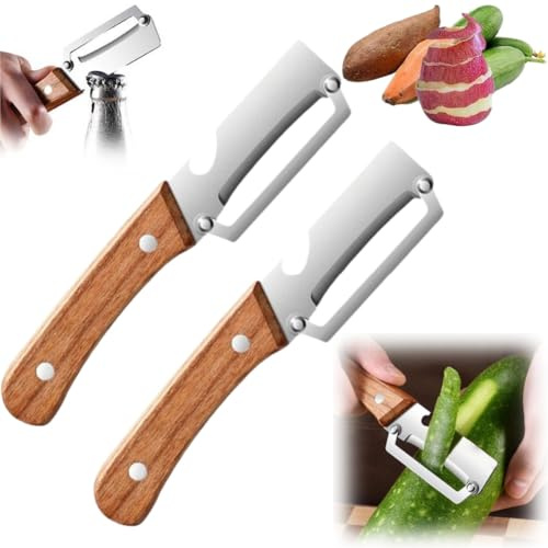 Multi-Functional Vegetable Peeler for Kitchen, 2026 New Stainless Steel Multifunctional Easy Peelers, Fruit Peeler with Wooden Handle and Bottle Opener, for Easy Potato, Fruit & Veggie Peeling
