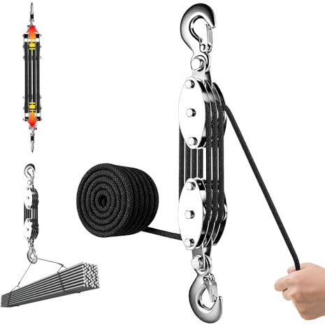 Hojalis Flaschenzug mit Seilbremse, Schwerlast Flaschenzug 4-Fach mit Seilbremse, 300 kg Max. 8:1 Hubkraft, Flaschenzugsystem mit 20m Nylon,270° Drehbar Arbeitssparender Flaschenzug für Jagd, Garagen